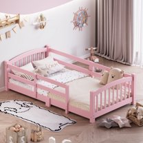 Bellemave Twin Floor Bed with Safety Guardrails, Montessori with Rails and Openings, Twin Size Bed Frame with Fence and Slats, No Box Spring Needed（Pink)