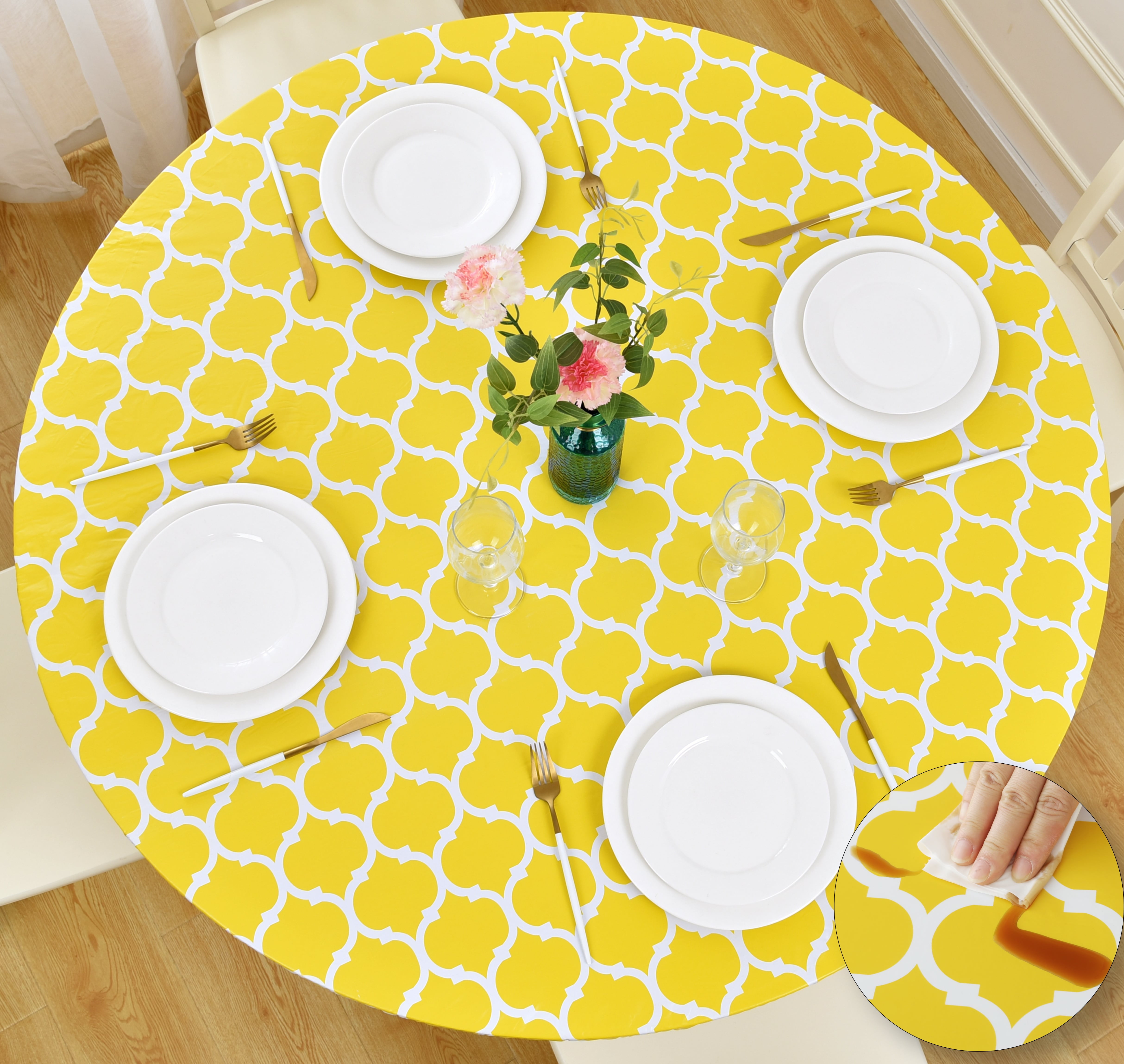Rally Home Goods Indoor Outdoor Patio Round Fitted Vinyl Tablecloth,  Flannel Backing, Elastic Edge, Waterproof Wipeable Cover, Yellow Moroccan  Trellis Pattern for 5-Seat Table of 36-42'' Diameter - Walmart.com