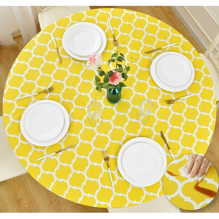 

Rally Home Goods Indoor Outdoor Patio Round Fitted Vinyl Tablecloth Flannel Backing Elastic Edge Waterproof Wipeable Cover Yellow Moroccan Trellis Pattern for 5-Seat Table of 36-42’’ Diameter