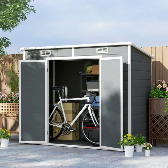 Outsunny 8' x 4' Resin Outdoor Storage Shed, Plastic Shed with Floor, Window, Lockable Doors and Vents, Gray