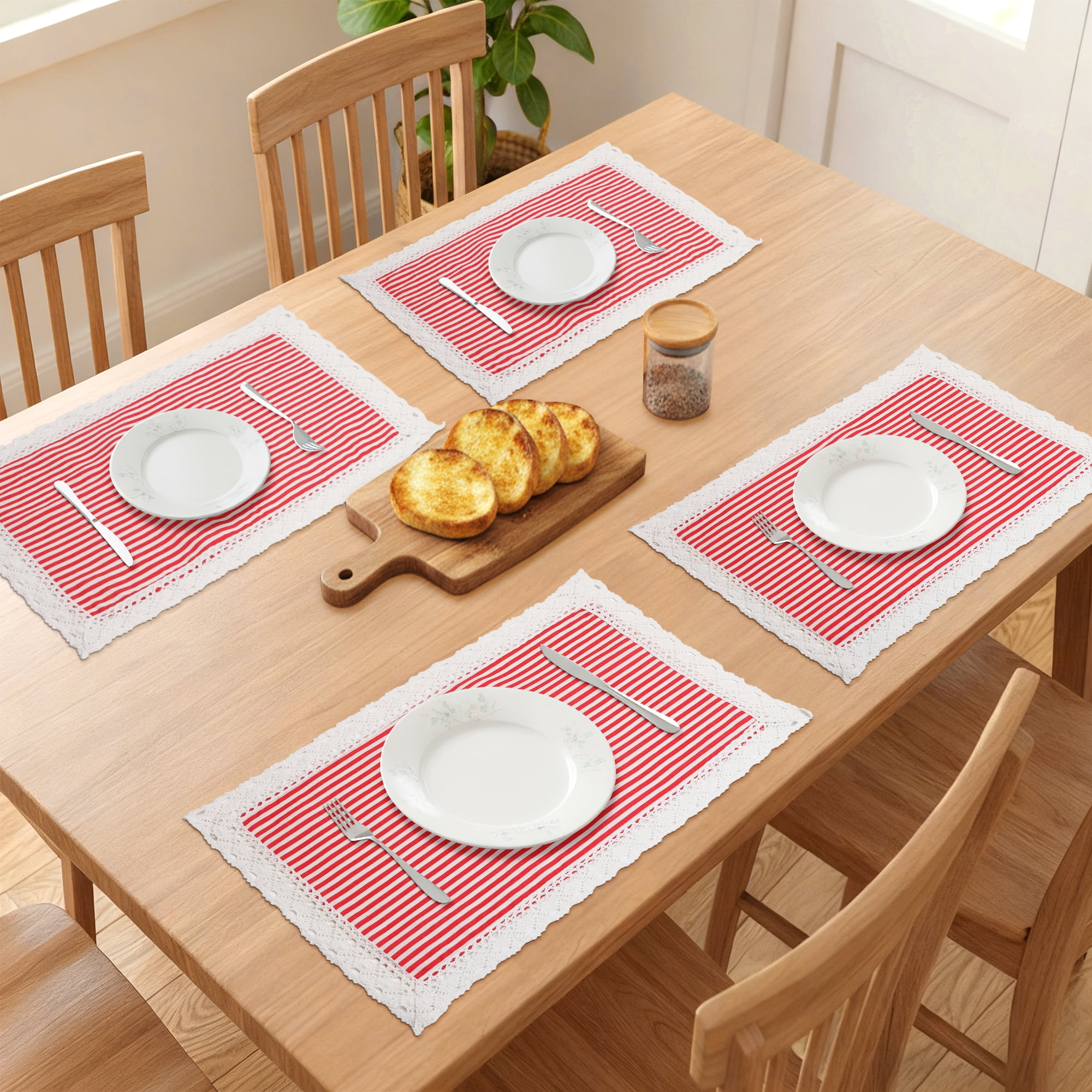 Unique Bargains Set of 6 Rustic Washable Table Mat Placemats with Lace Trim Red