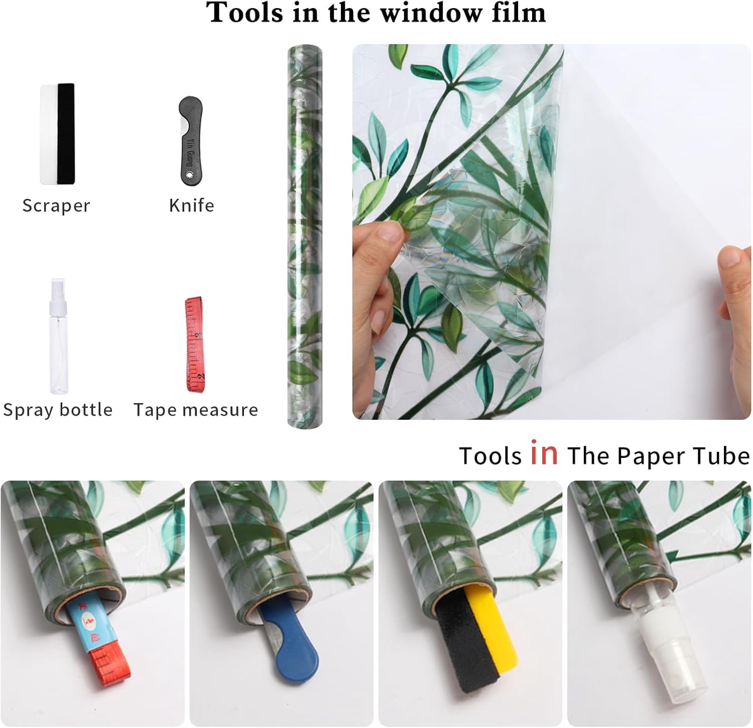 FILMGOO Rainbow Green Leaf Window Privacy Film, Static Cling Non-Adhesive Decorative Window Film, Heat Control Anti UV Window Tint for Home, 29.5in x 6.5ft