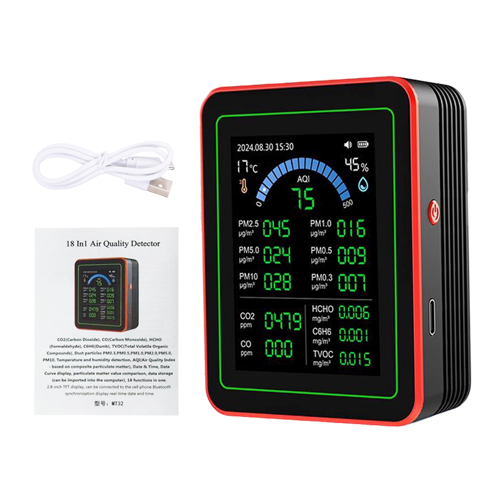 TVOC HCHO Meter CO2 Monitor Indoor, Air Quality Detector with Color Screen for Home Office, Detect PM2.5 PM1.0 PM5.0 in , Indoor Humidity Temperature Multifunctional with Data Storage