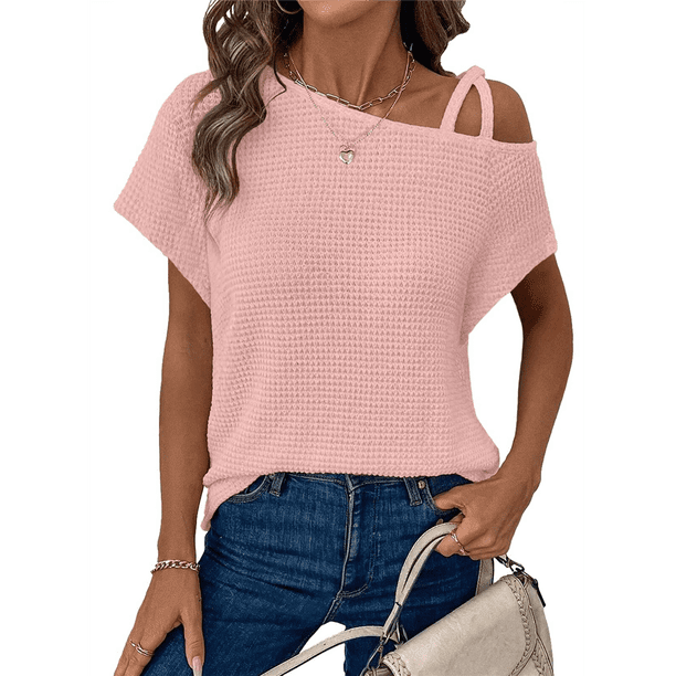 Camiseta Informal de Verano para Mujer, de Corta, con Hombros Descubiertos y Tejido Gofre, Color Rosa, Talla M