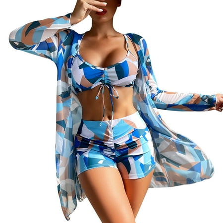 YOTMKGDO Tankini Swimsuits For Women  Women 3 Piece Bikini Set Swimsuit Long Sleeve Push Up Swimwear Beach Cardigan Wear   High Waisted  3 Piece Swimsuits For Women Sky Blue+S
