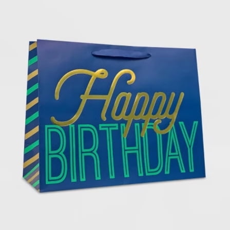 Large 'Happy Birthday' Gift Bag Navy/Green/Gold - Large Blue Paper Gift Bag, Solid Typography, 10x12.75x5