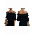 thumbnail image 3 of Women's Off Shoulder Ruffle Trendy Short Sleeve Blouse Casual Outfits Layered Tops Black S, 3 of 6