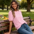 thumbnail image 4 of Women's Basic T-Shirt Puff Short Sleeve Pleated Crew Neck Loose Fit Blouse Top Solid Color Tunics Shirt for Everyday Wear White M, 4 of 4