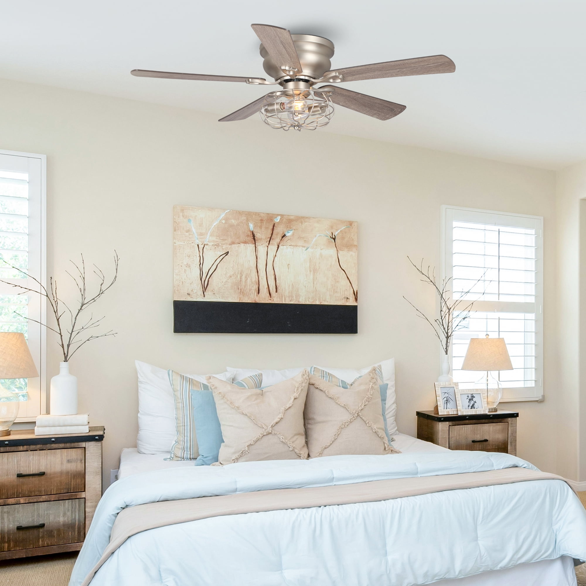 Flush Mount Ceiling Fan with Lights Low Profile Ceiling Fan 5 Reversible Blades Remote Control, 48 inch