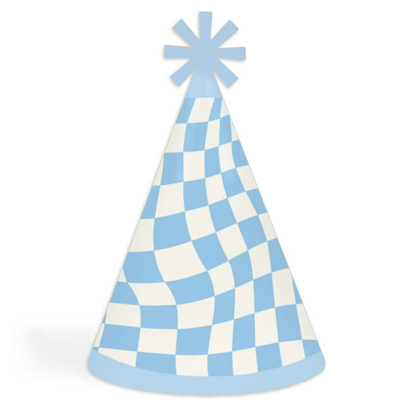 Big Dot of Happiness Blue Checkered Party - Cone Happy Birthday Party Hats for Kids and Adults - Set of 8 (Standard Size)