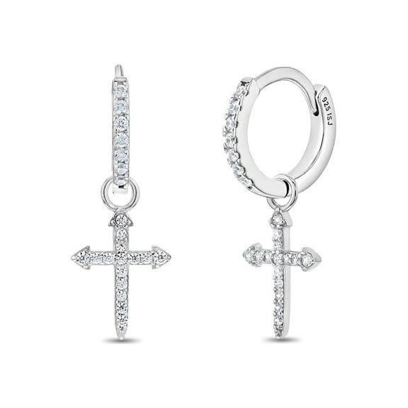 925 Sterling Silver Shiny Clear CZ Cross Hoop Dangle Earrings for Teens