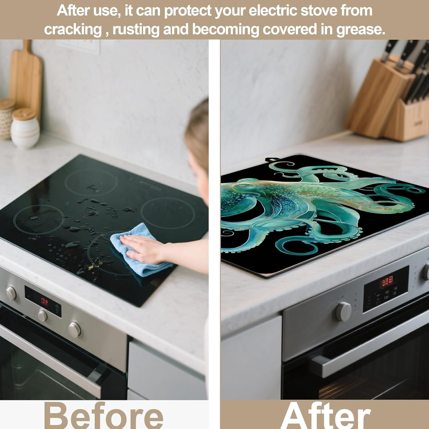 Stove Top Covers for Electric Stove,Funny Octopus Stove Top Protector Thick Rubber Dish Drying Mat for Kitchen Cooking Ceramic Countertop 28.5“ x 20.5“