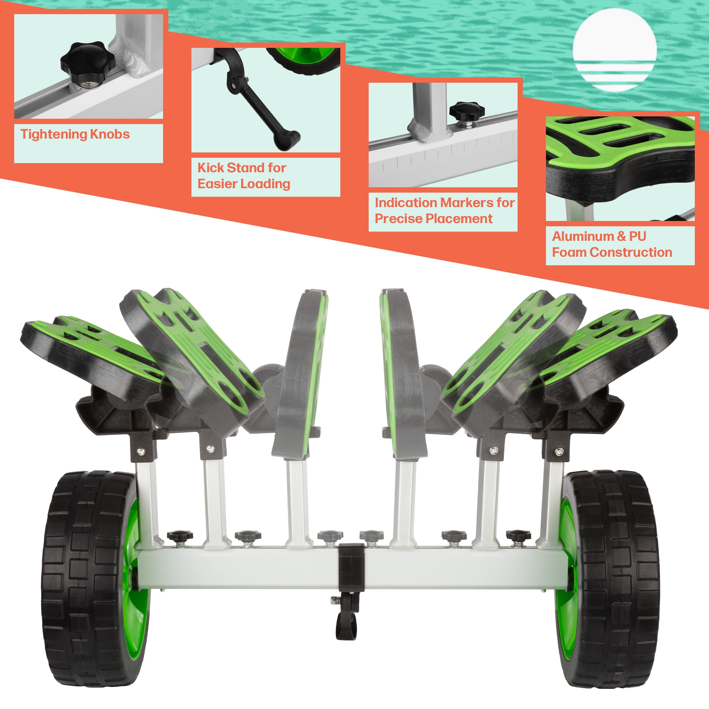 RAD Sportz Kayak Cart - 220lb Capacity Canoe Dolly with Airless Tires, Aluminum Frame, and Straps for Small Watercraft - Green - Kayak Accessories