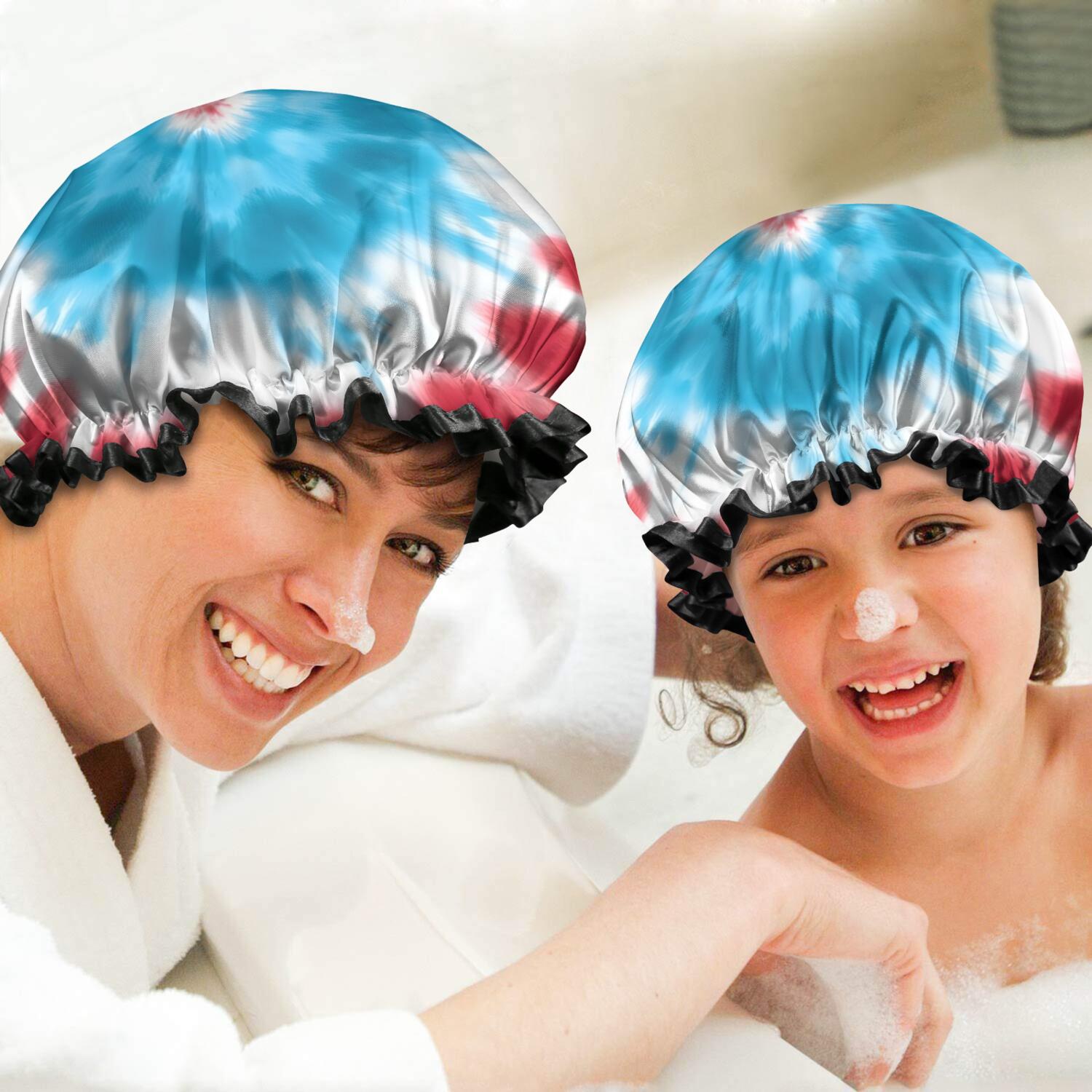 Shower Caps,Red Blue Tie Dye Spiral Waterproof Shower Cap for Women 4 Pieces,Double Reusable Hair Cover for Shower PEVA Elastic Stretch Hem