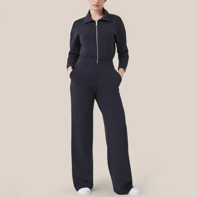 Combinaison Décontractée à Manches Longues pour Femmes, Leggings Larges Unis, Poches + Fermeture Éclair Cachée, Style Moulant, pour Usage Quotidien, Mode Polyvalente, Mélange de Coton Léger, Mode Urbaine, Décontracté