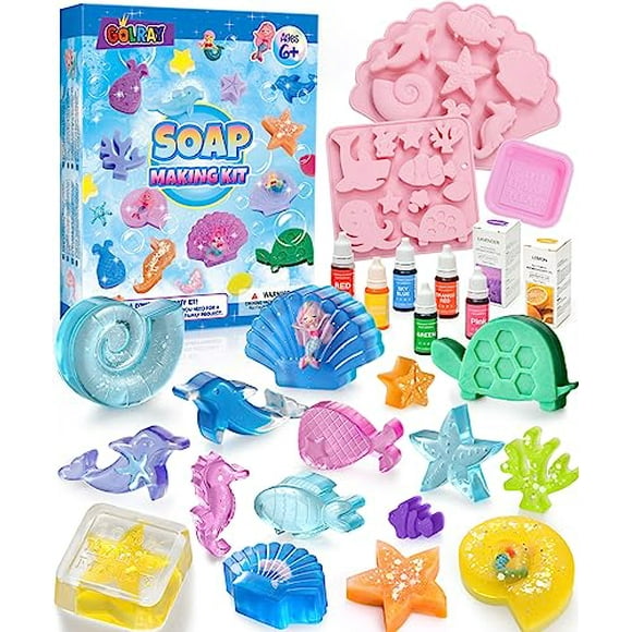 Golray Mermaid Soap Making Craft Kit Kids Toy, 18 Model, 6 Ink, 2 Essential Oil Supply, Art and Craft for Kid Girl Age 8-12 Year Old Ocean Animal Toy
