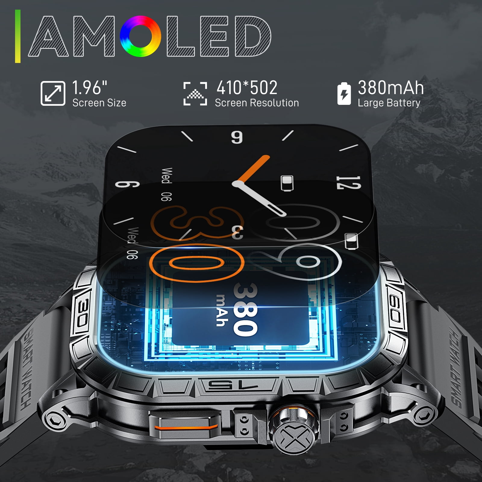 PAKRYS Smart Watch for Men, 1.96" AMOLED Full Touch Smartwatch, IP68 Fitness Tracker Step Counter Sports Watch for iOS Android