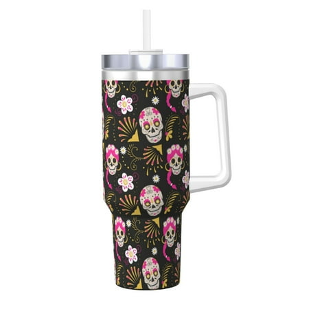 

Daiia Skull Daisy Printed 40 oz Tumbler with Handle Ice Bully Insulated Tumbler 2 in 1 Lid Insulated Water Bottle Stainless Steel Travel Coffee Mug