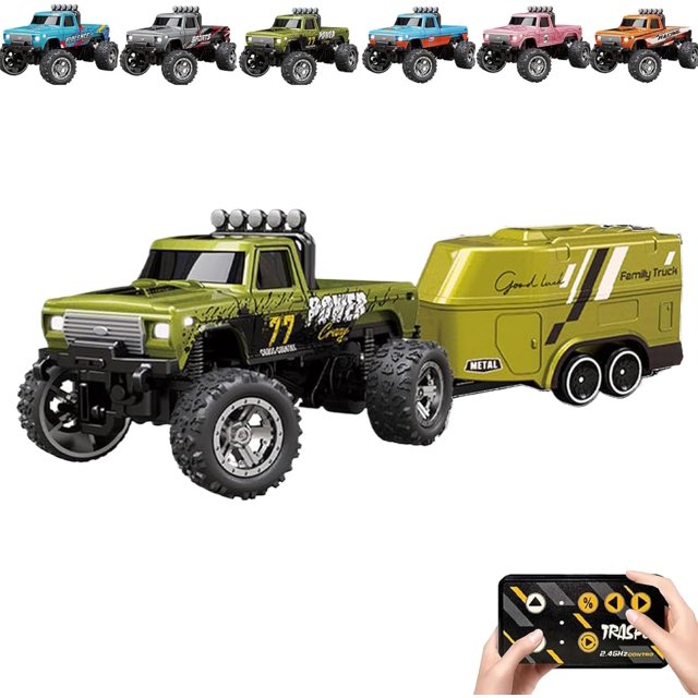 RipRush Mini Monster 1:64 Off-Road LED Alloy Racer, 2.4GHz Off-Road Remote Control Car, New Rechargeable Alloy Shell Mini RC Cars with Lights and Trailer