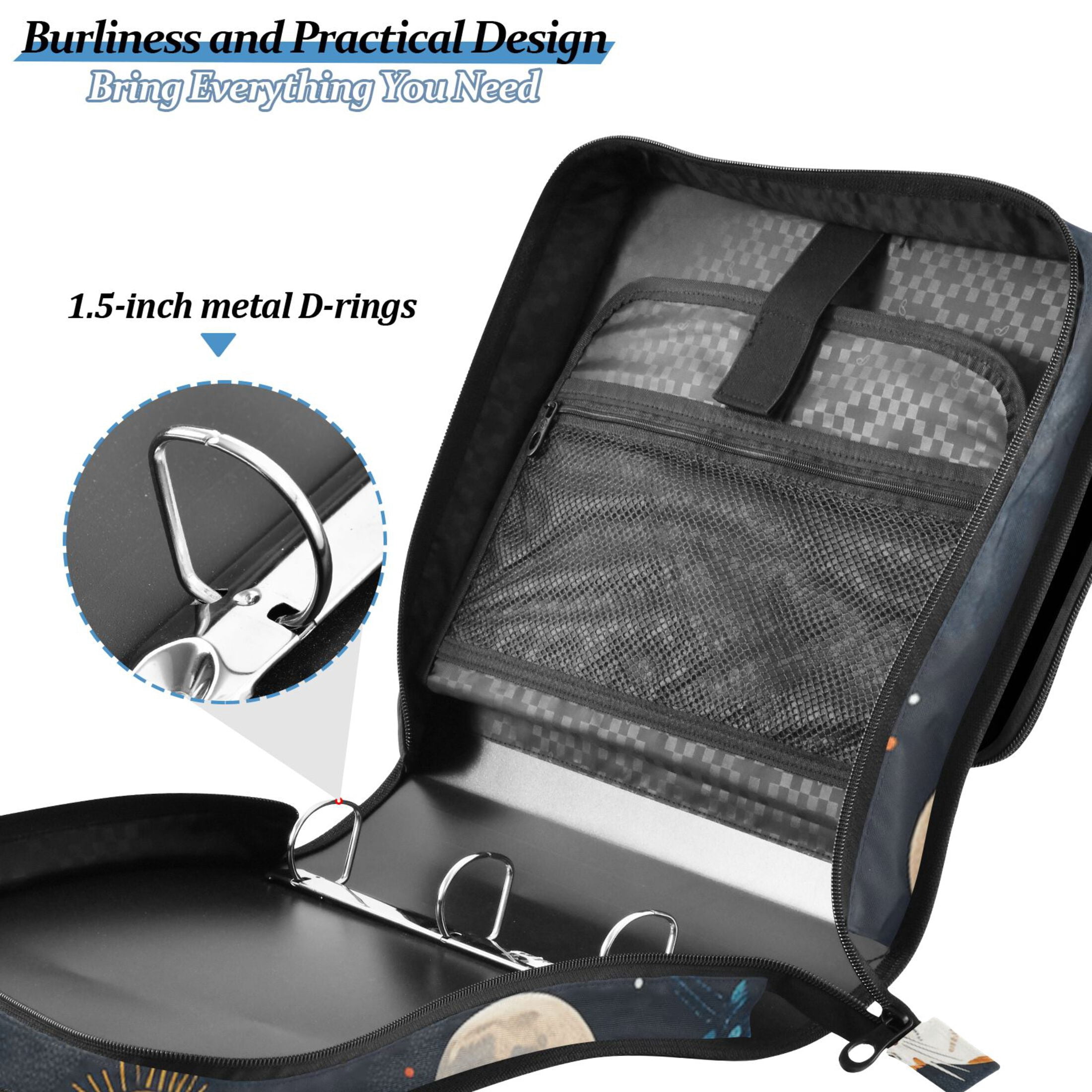 3 Ring Zipper Binder with Shoulder Strap Waterproof Trapper Keeper 2 Inch D-Ring 500 Sheets Capacity Cat Butterfly in Space