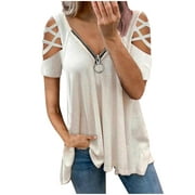 BEFOKA Women Casual Low-cut Short SleevesＶ-Neck Zipper Hollow Out T-Shirt Blouse Tops White M