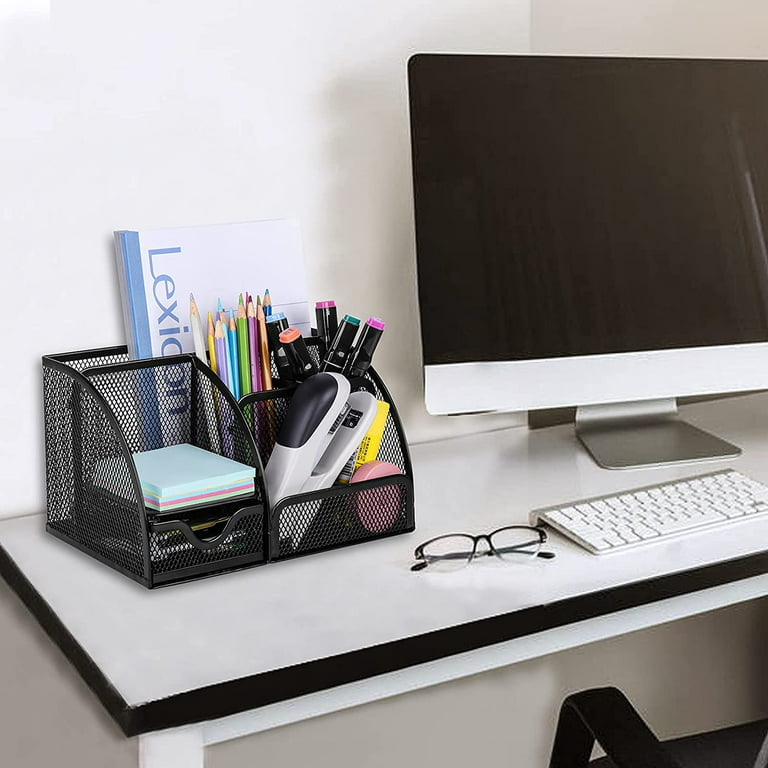 Office Supplies Desk Organizer Caddy with 6 Compartments + 1 Sliding  Drawer, Desk Essentials to Collect Desk Accessories, Mesh Desktop Organizer  for Home, Classroom, School, College Dorm, Black 