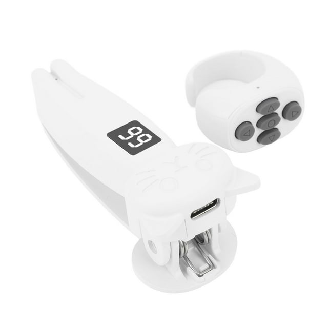 RF Remote Control Page Turner and Bluetooth Remote Clicker by Ymiko, shown in white. Features a compact page turner with a digital display and adjustable click speed, alongside a separate remote control with four buttons. Suitable for reading Kobo comics, novels, and tablets, as well as camera shutter release and video recording. Lightweight and portable with built-in lithium batteries.