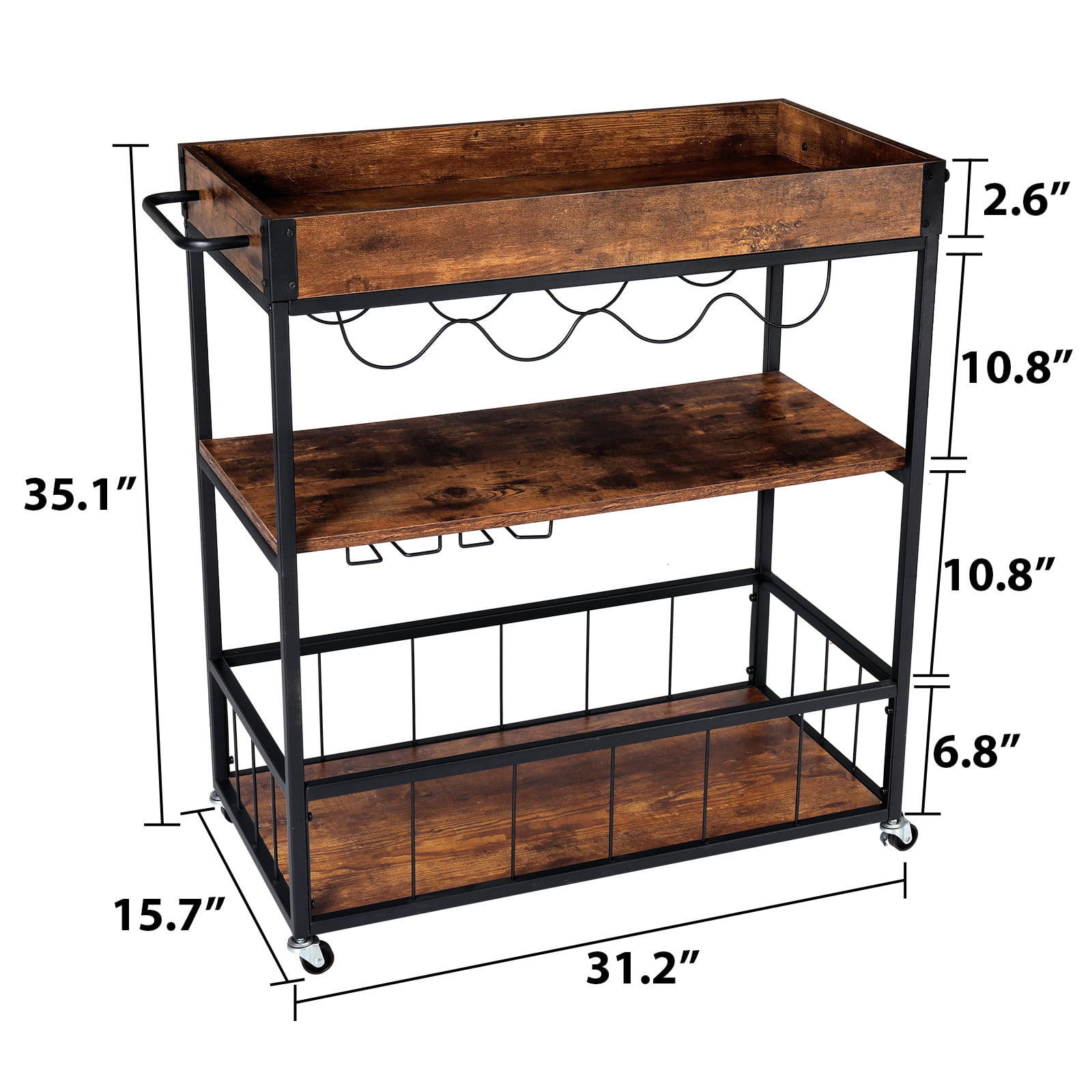 Hencawima Coffee Bar Cabinet, 3 Tier Coffee Station Table on Wheels, 35.9  H Bar Cart with Wire Basket Drawer & 5 Hooks for Home Kitchen, Liquor