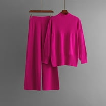 Itsame Womens 2 Piece Sets, Long Sleeve Knitted High Neck Tops Long Pants Sweater Outfits Hot Pink Free Size