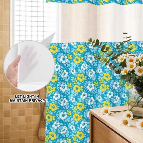 No Hook Shower Curtain, Tropical Floral Shower Curtains for Bathroom with See Through Top Window, Summer Monstera Leaves Boho Watercolor Blue Waterproof & Washable Bath Curtain Extra Long 72"x84"