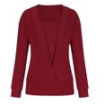 thumbnail image 4 of XFLWAM Women Deep V Neck Fake Two Piece Long Sleeve Knitted Sweater Solid Color Blouse Loose Pullover Tops Wine Red XL, 4 of 6