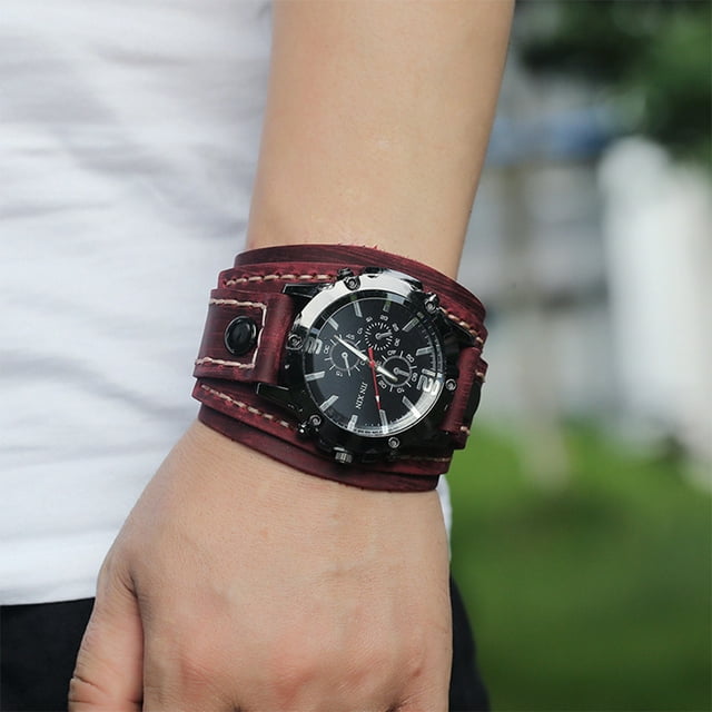 Becaristey Punk Style Watch For Men Retro Comfortable To Wear And Flexible Bracelet Clock For Men Vintage red