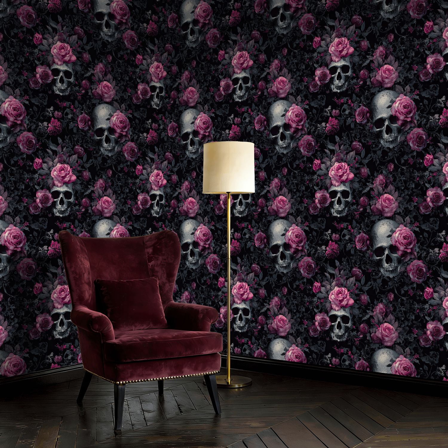 Boho Peel and Stick Wallpaper Gothic Skull Roses Dark Floral Wall Mural 17.7in x 9.8ft Self Adhesive Removable Wall Paper Renter Friendly Wallpaper for Bedroom Kitchen Farm