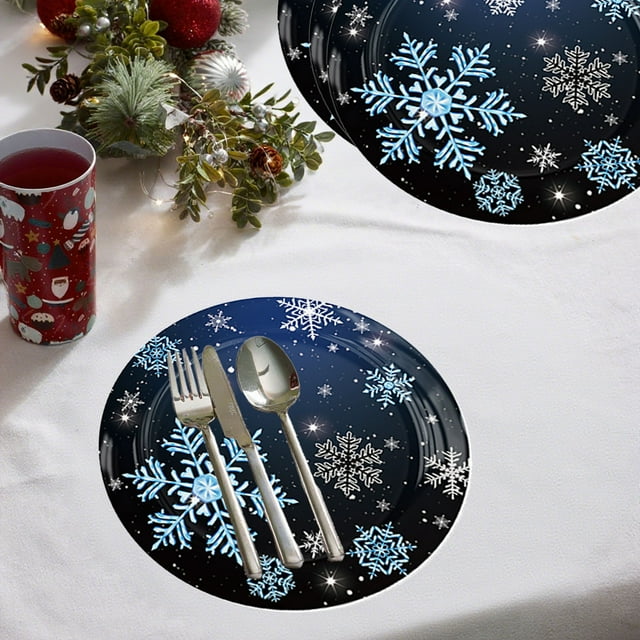 Tyidzon Black Snowflake Paper Plates Napkins Tableware Set Winter Snowflake Party Tableware Supplies Birthday Party Tableware Set