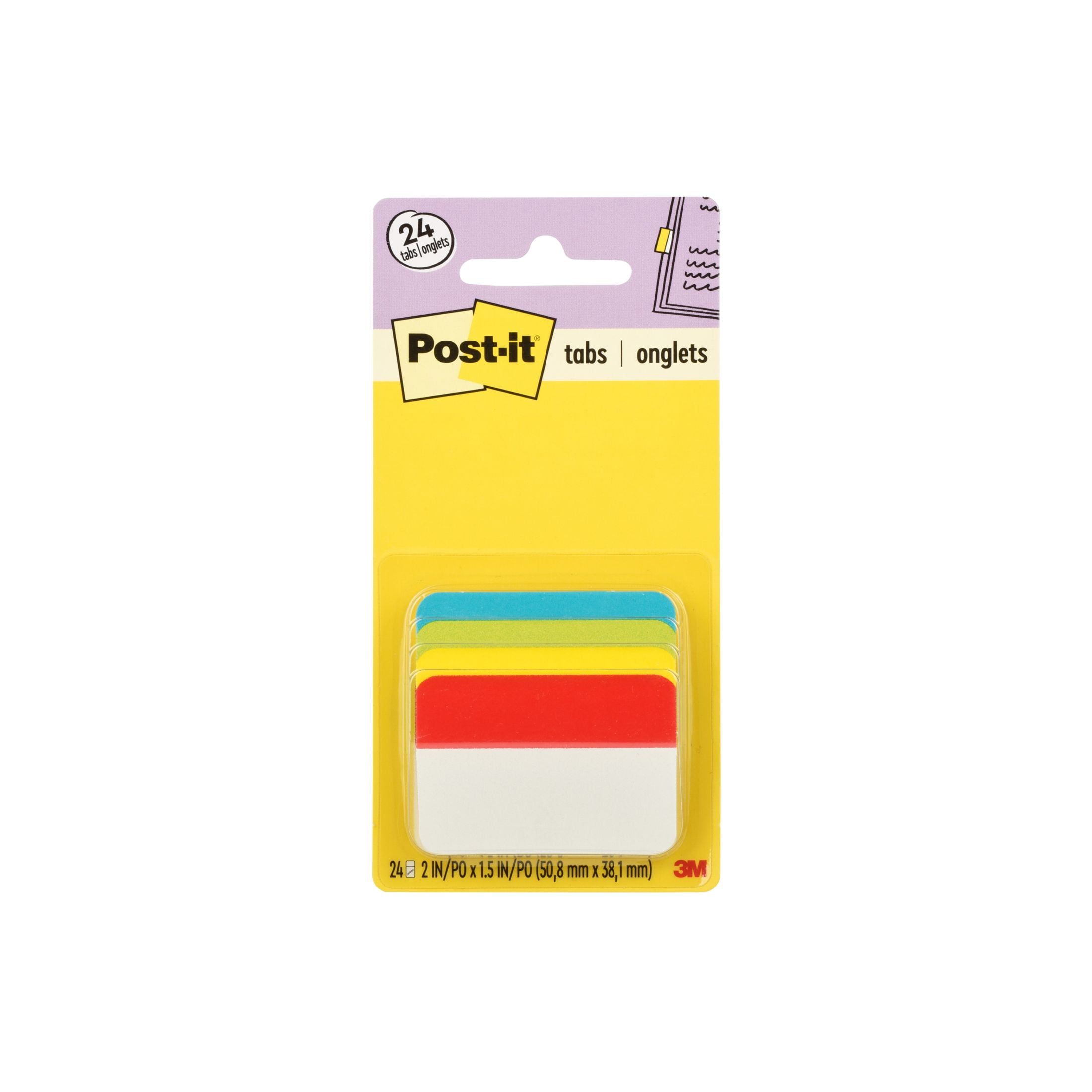 (3 pack) Post-it Tabs, 2 in. Angled Solid, Assorted Primary Colors, 24 Tabs