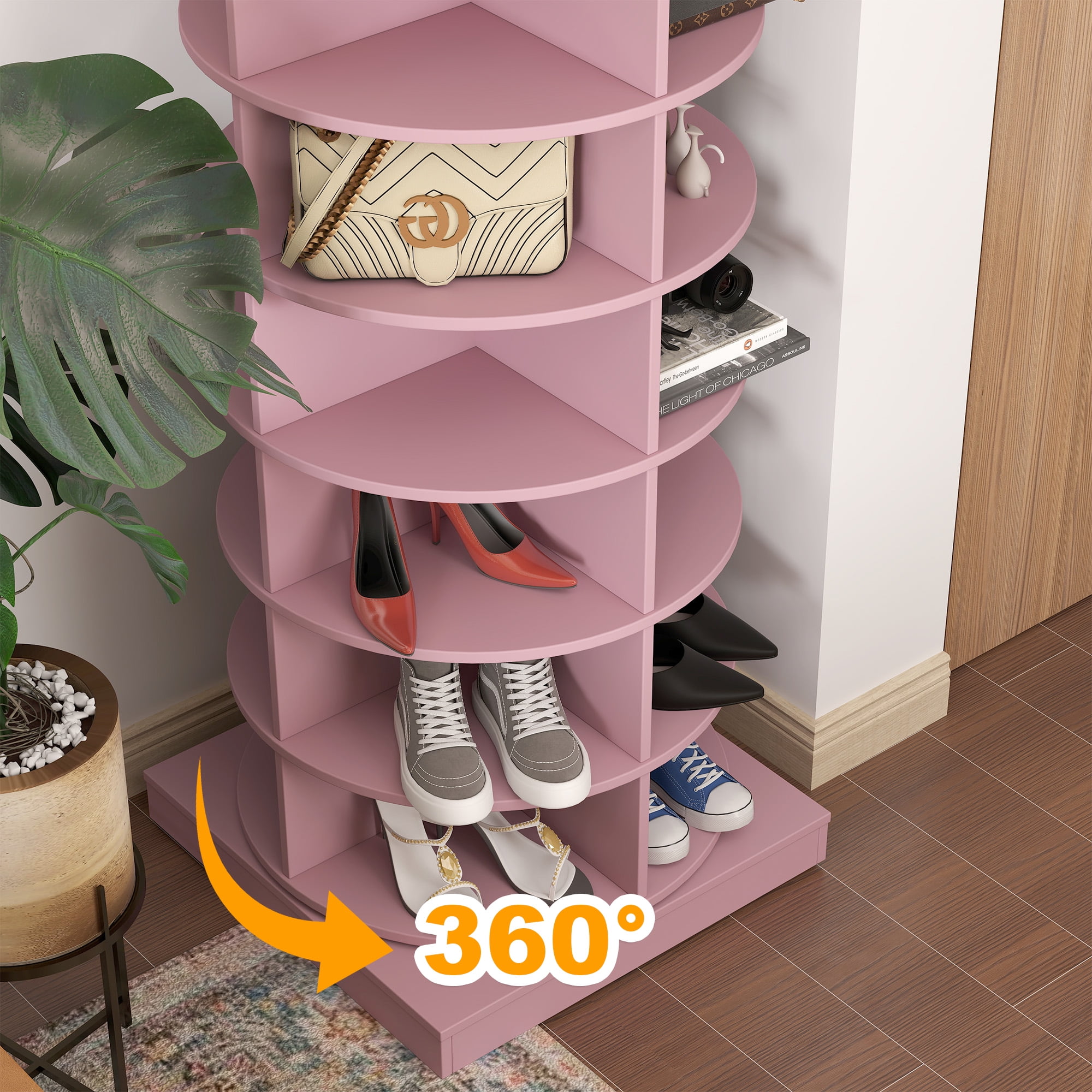 Aukfa 7-Tier Rotating Shoe Rack Tower, 360° Spinning Shoe Display Closet Organizer, Pink