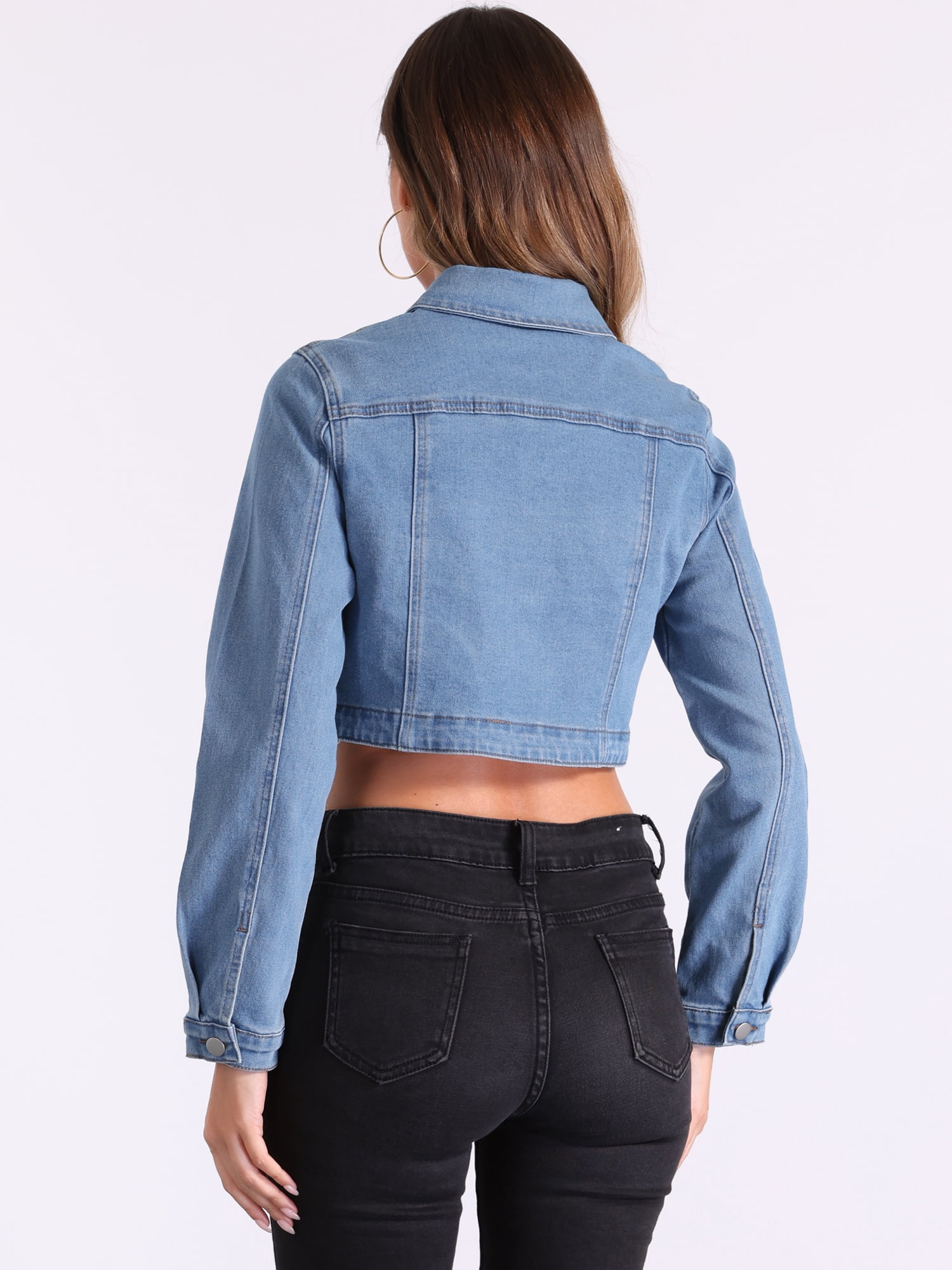 DARING DIVA Women's Denim Jacket Collared Long Sleeve Crop Jean Jackets M Light Blue