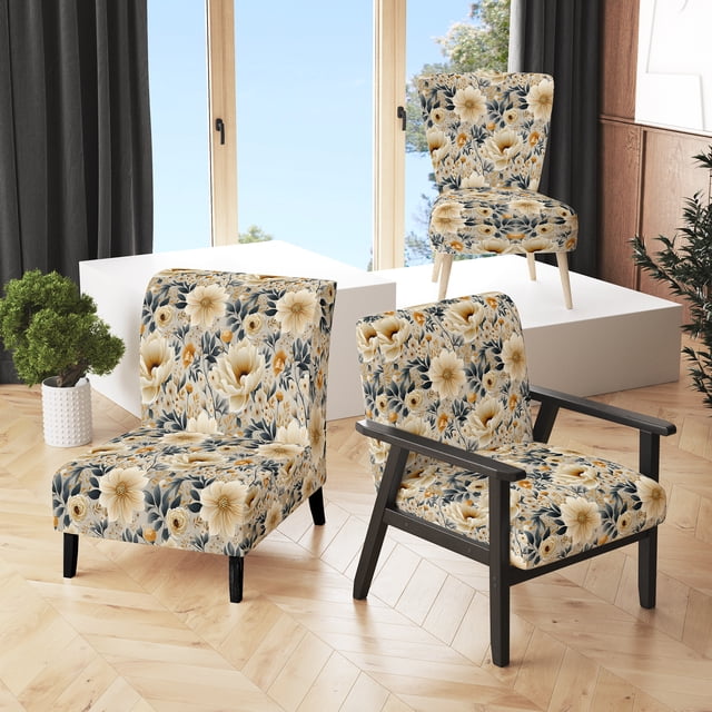 Designart "Subdued Floral Boho" Beige Boho Upholstered Accent Chair - Bohemian & Eclectic Arm Chair For Bedroom