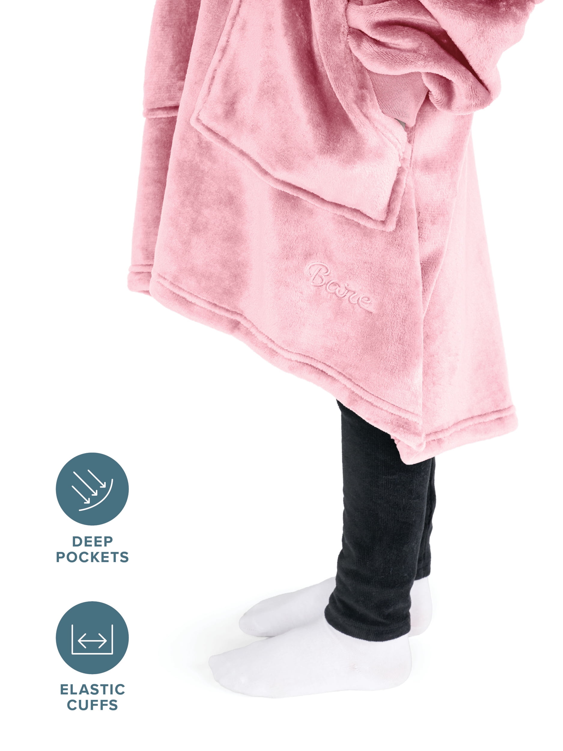 Bare Homey Kids Size Microplush Wearable Blanket, Split Front Pocket, Light Pink