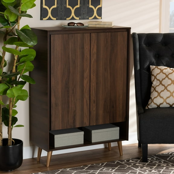 Baxton Studio Landen Mid-Century Modern Walnut Brown and Gold Finished Wood 2-Door Entryway Shoe storage Cabinet