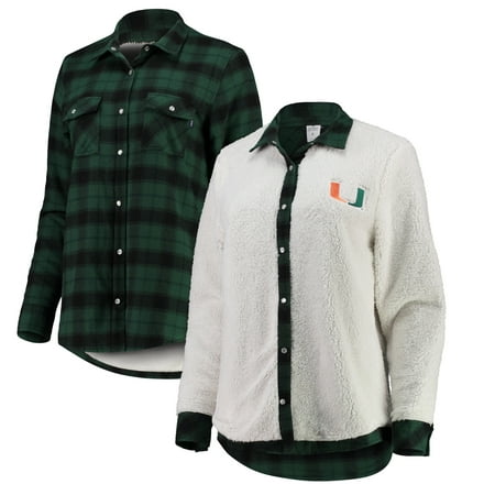 Miami Hurricanes Women's Reversible Sherpa Flannel Long Sleeve Button-Up Shirt - Green/Cream