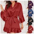 thumbnail image 2 of Women Satin Robe Ruffle Hem Kimono Short Robes V-Neck Pure Color Bridesmaid Wedding Party Bathrobe Dressing Gown, 2 of 9