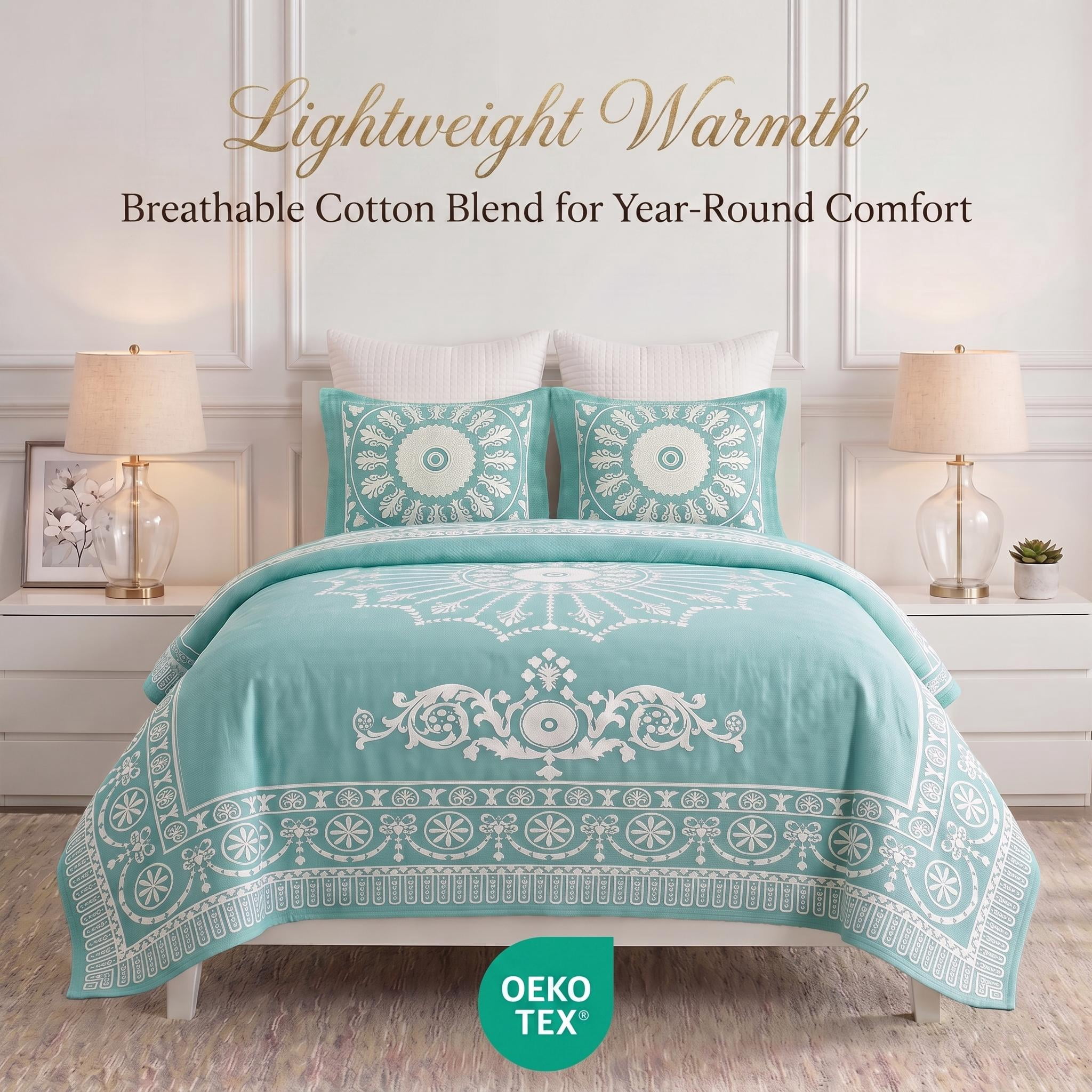 Superior Cotton Blend Woven Jacquard Vintage Medallion Bedspread Set, Full, Turquoise