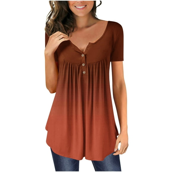 JURANMO Womens Tunic Tops Casual Pleated Belly Short Sleeve Shirt Fashion Gradient Color Summer T Shirts Button V Neck Henley Tees Deals of the Day Multicolor M