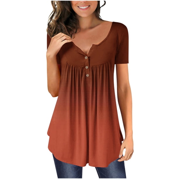 Tops de Mujer Elegantes Blusas Casuales Camisas de Moda Con Cuello en V Gradiente Impreso Túnica Botones Camiseta de Manga Corta Odeerbi ODB154222