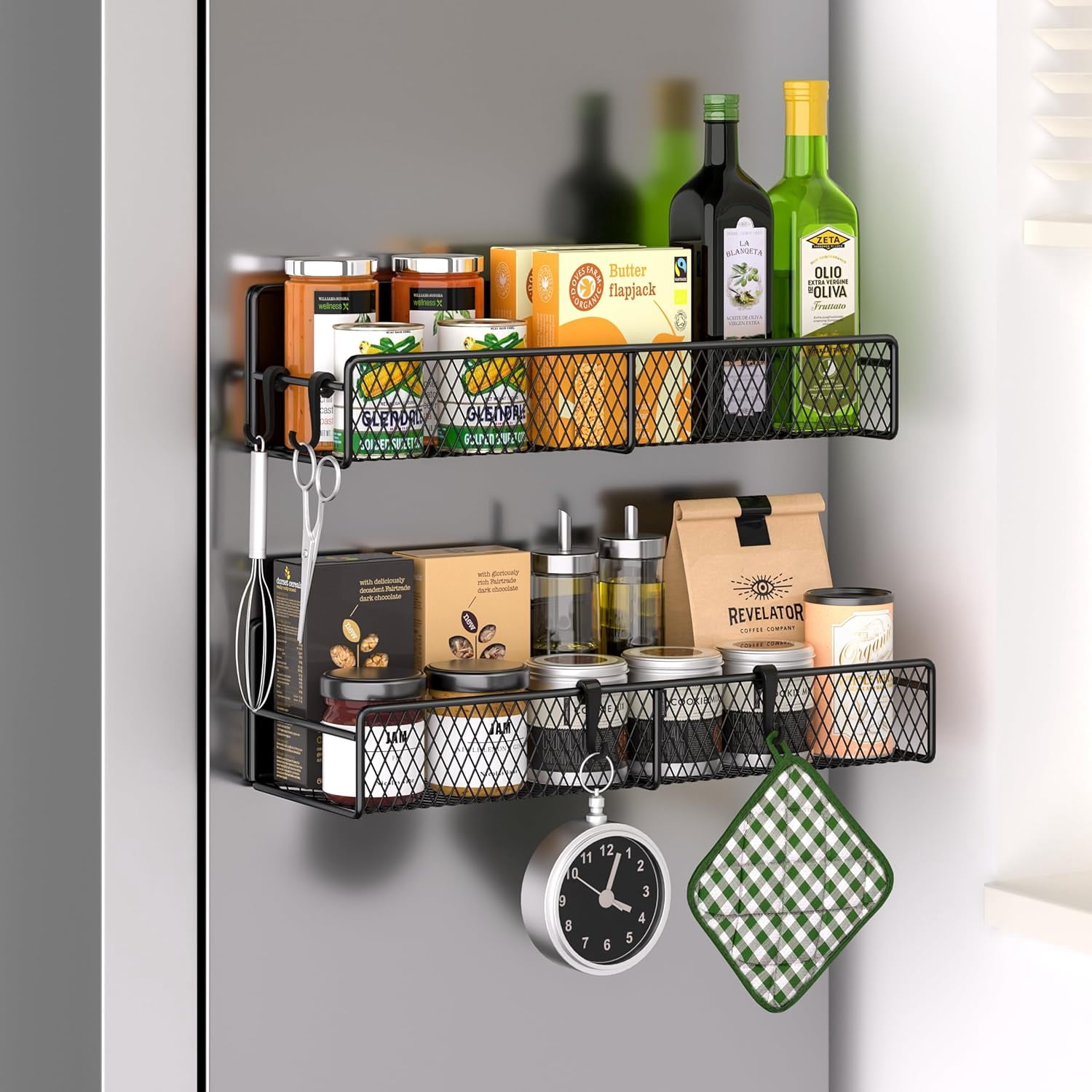 Magnetic Spice Rack for Refrigerator, 7 Pack 100% Metal Strong Magnet Shelves, Kitchen Spice Organizer W/ Hook Rack, Paper Towel Holder, Utensils Caddy, Home Laundry Room Storage Organization (Grey)