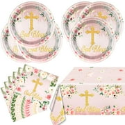 Pink God Bless PriNst Tableware Set,First Communion 20 Plates and 20 Napkins and Tablecloth51'' x 86'',For Newborn Baptism Church Party Decoration