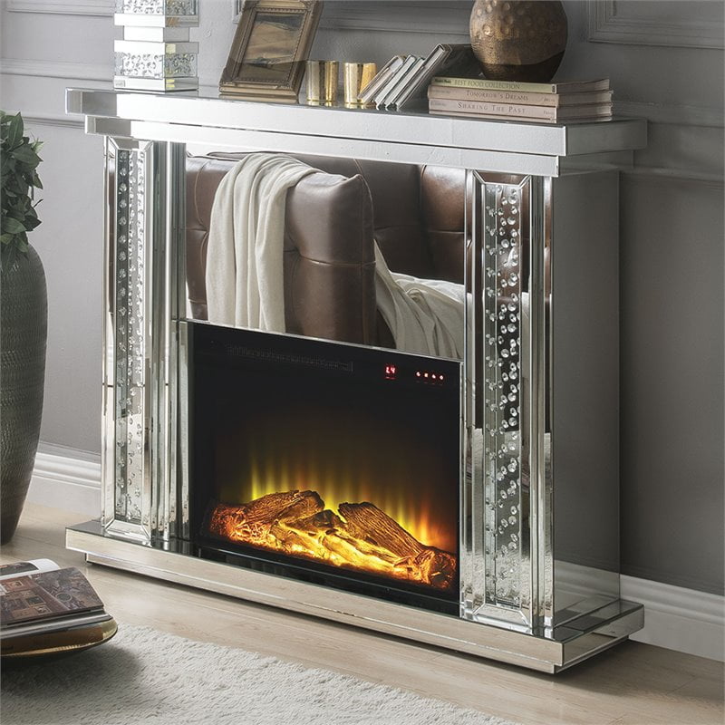 ACME Nyasia Mirrored Fireplace with Faux Crystals and Remote Control