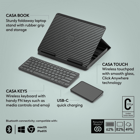 Logitech - Casa Pop-Up Desk Work From Home Kit Compact Wireless Keyboard, Touchpad and Laptop Stand for Laptop/MacBook (10” to 17”) - Classic Chic