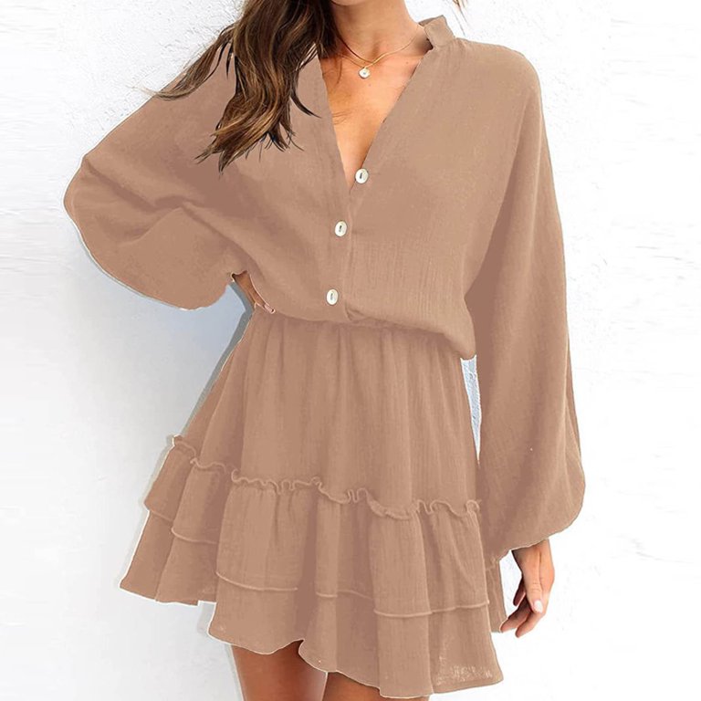 IROINNID Semi Formal Dress for Women Long Sleeve Mini Dress Lantern Sleeve  V-neck Button Ruffle Layered Solid Color Mini Dress,Khaki - Walmart.com